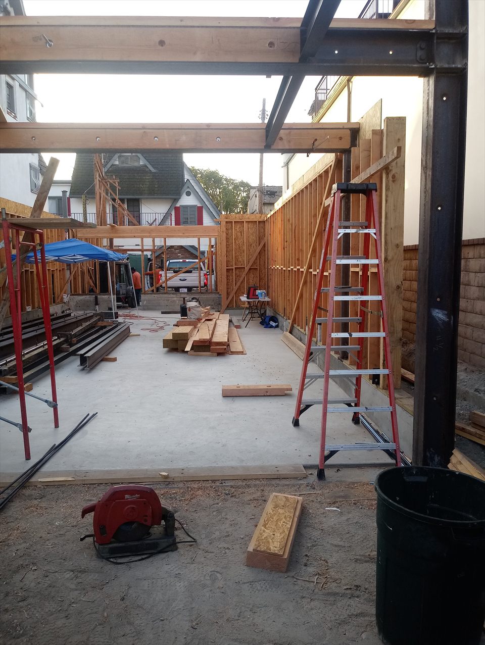 Structural steel and timber framing installation in progress